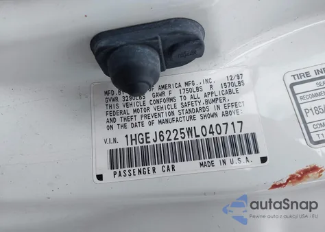 1998 Honda Civic Dx z USA, uszkodzony, nr VIN 1HGEJ6225WL040717